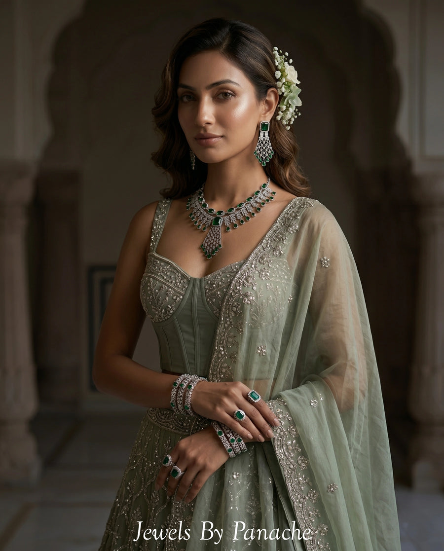 Angela Emerald Green Layered AD Necklace Set styling inspiration