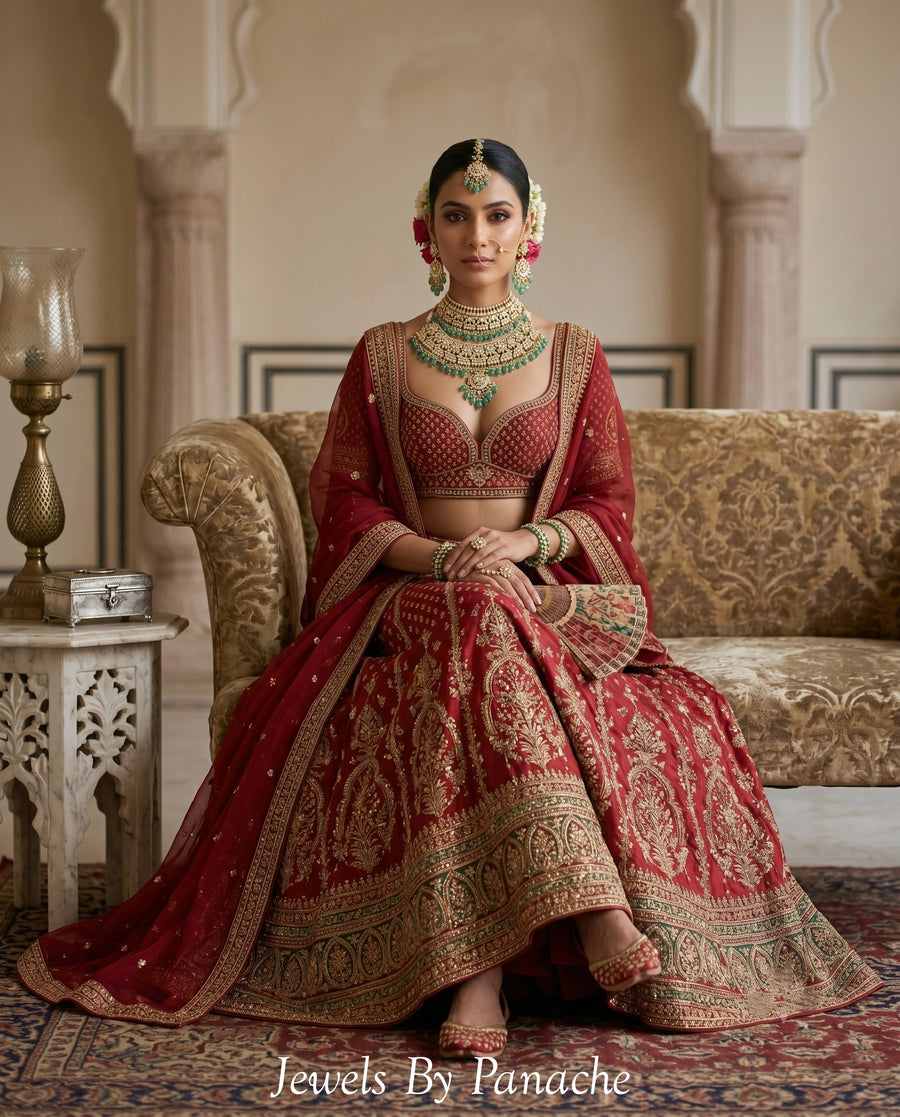 Gayatri Paachi Kundan Bridal Necklace Set with Green Beads styling inspiration