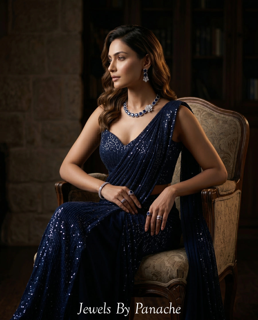 Elara Navy Blue CZ Bridal Necklace Set - AD Necklace styling inspiration