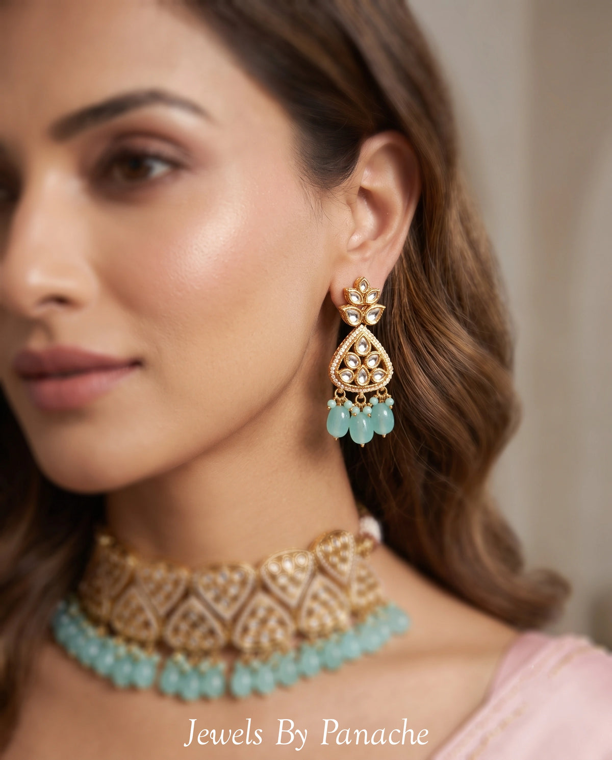 Firdaus Kundan Necklace with Sky Blue Stone Dropsbridal jewellery Australia