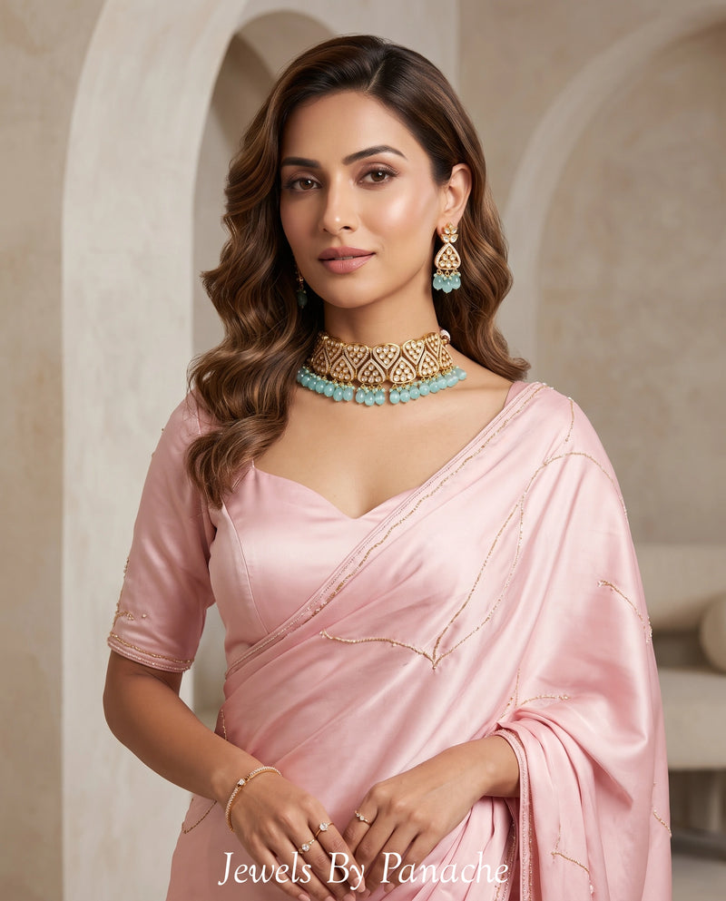 Firdaus Kundan Necklace with Sky Blue Stone Drops