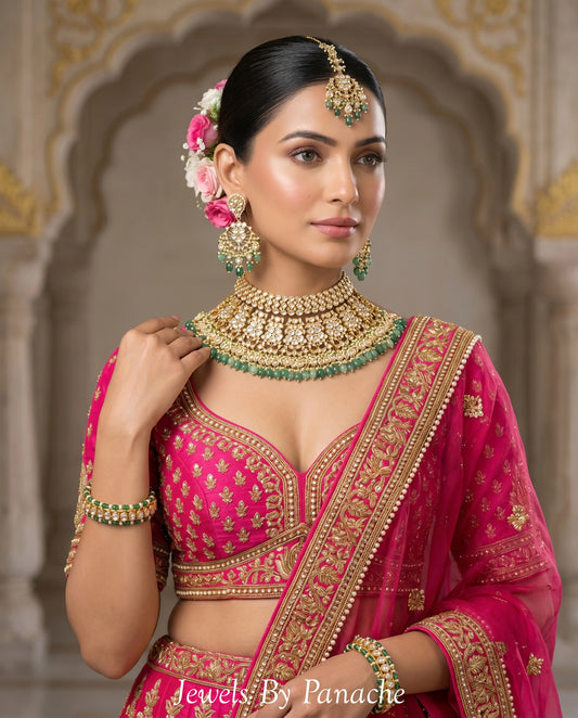 Jahanara Kundan bridal necklace set with green bead detailing for Indian bridal jewellery Australia