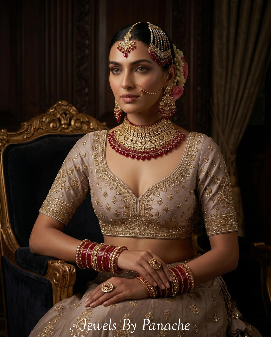 Sitara Kundan Bridal Necklace Set with Maroon Beads styling inspiration