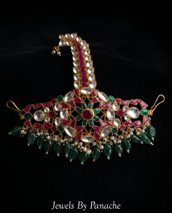 Royal Kundan Groom Kalgi with Emerald Green Drops
