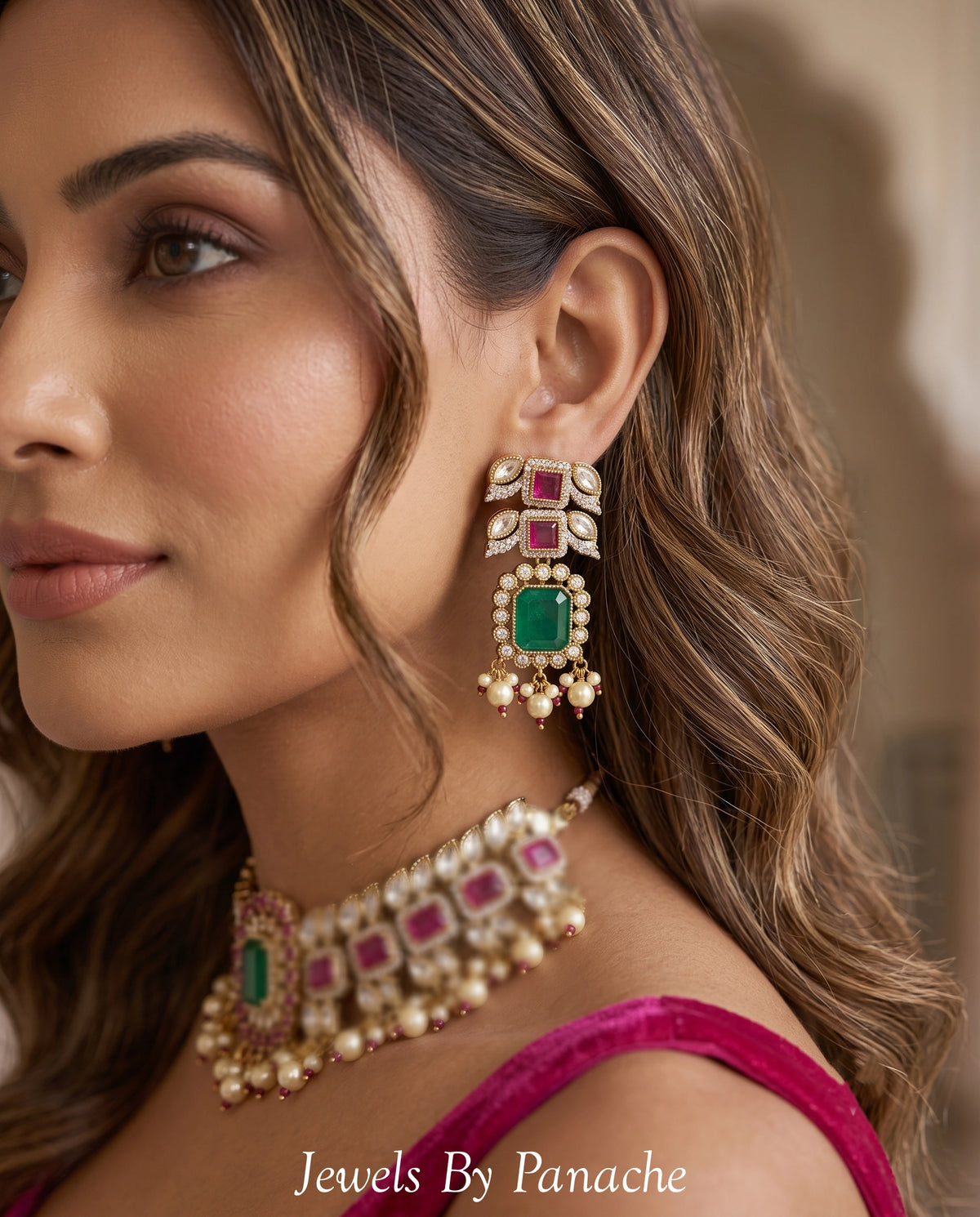 Ragini Contemporary Necklace Set with Magenta Stonesbridal jewellery Australia