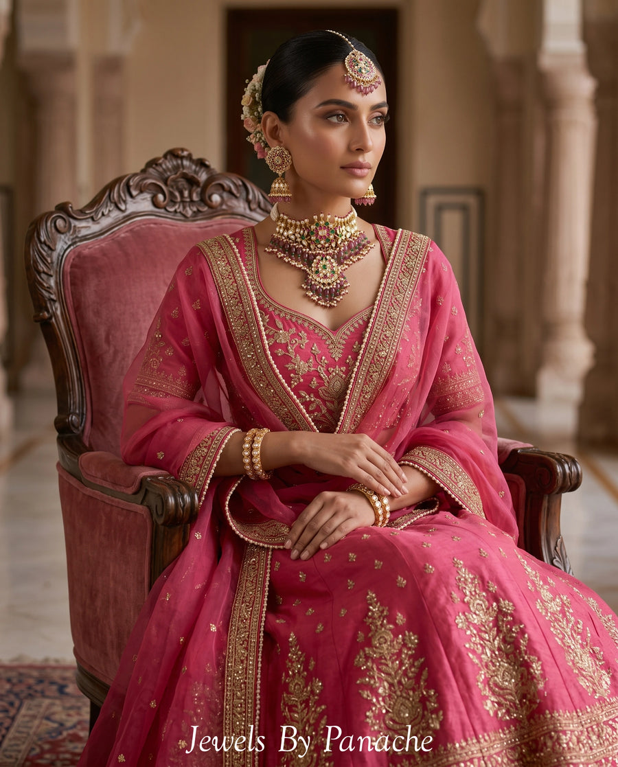 Rahmat Paachi Kundan Necklace Set with Red & Green Stones styling inspiration