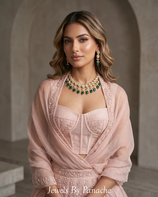 Sanya Kundan necklace set with green stones and earrings for Indian wedding jewellery Sydney