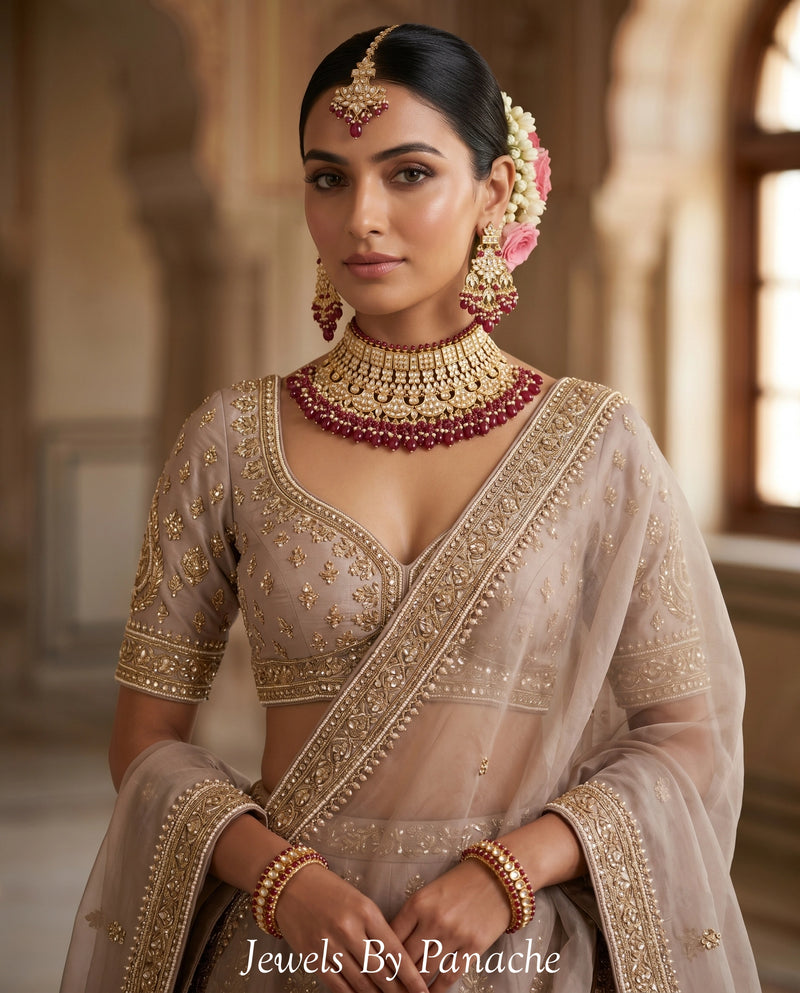 Sitara Kundan Bridal Necklace Set with Maroon Beads