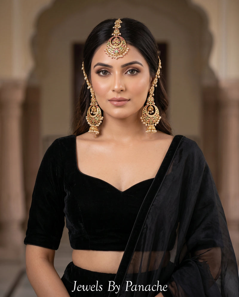 Traditional Punjabi Jadau Earrings & Tikka Set with Multicolor Beads