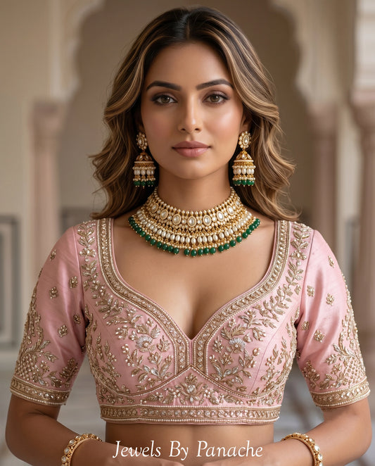 Aarohi polki-inspired Kundan bridal necklace set with green stones and micro pearls for Indian wedding jewellery Sydney