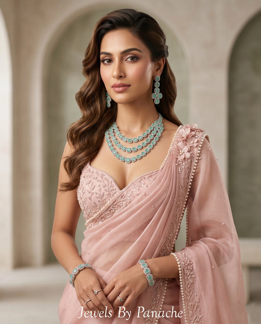 Aarya layered AD necklace set with mint green stones and silver polish for wedding and festive jewellery in Sydney Australia