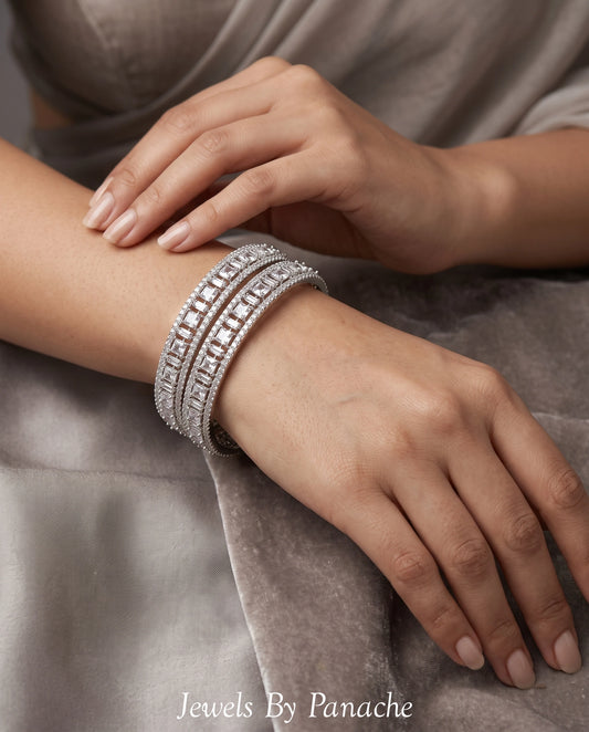 AD Cubic Zircon claw-set bangles with clear square and rectangular stones for bridal jewellery in Sydney Australia