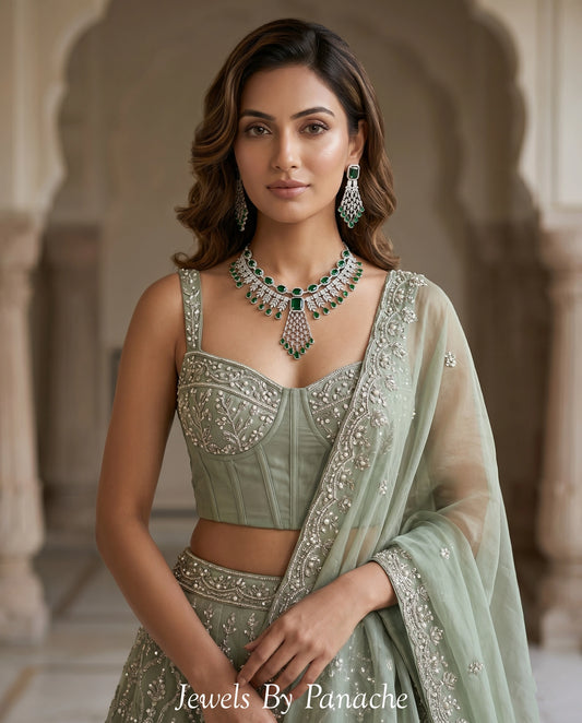 Angela emerald green layered American Diamond necklace set with silver polish for wedding jewellery Sydney