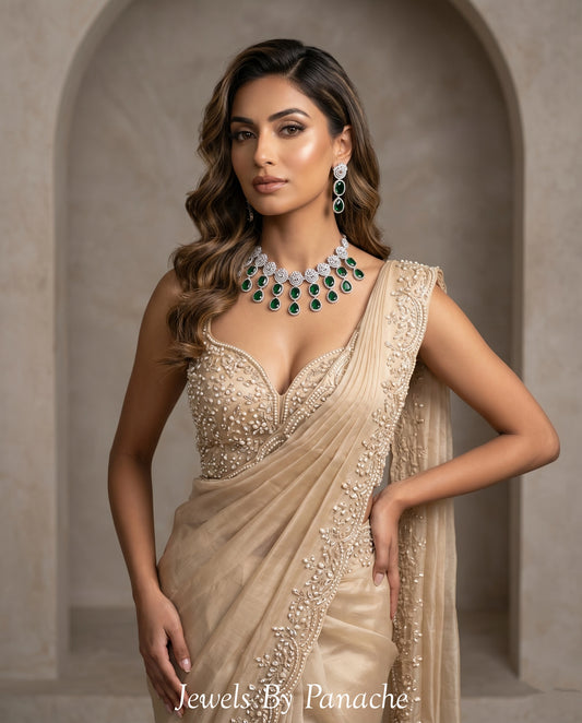 CAITLIN emerald green American Diamond necklace set with silver polish for Indian wedding jewellery Sydney