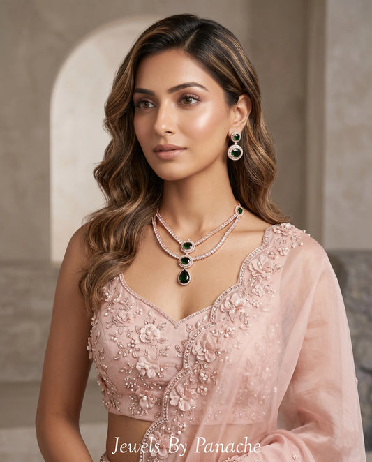 Celeste green American Diamond CZ layered bridal necklace set with rose gold polish for Sydney wedding jewellery