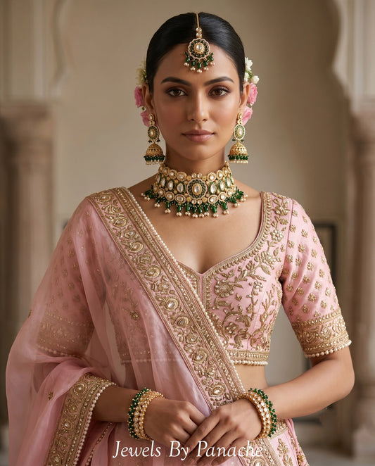 Darya premium Kundan bridal necklace set with dark green beads for Indian wedding jewellery Sydney