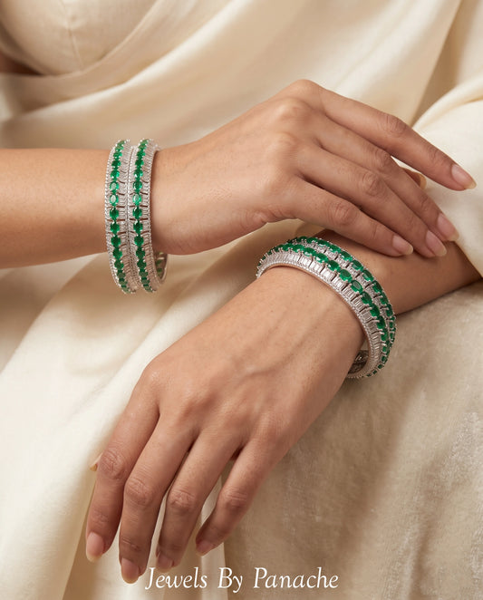 Emerald green and clear cubic zircon bridal bangles with claw setting for Indian wedding jewellery Australia