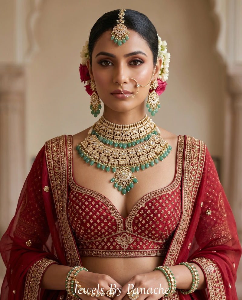 Gayatri Paachi Kundan Bridal Necklace Set with Green Beads