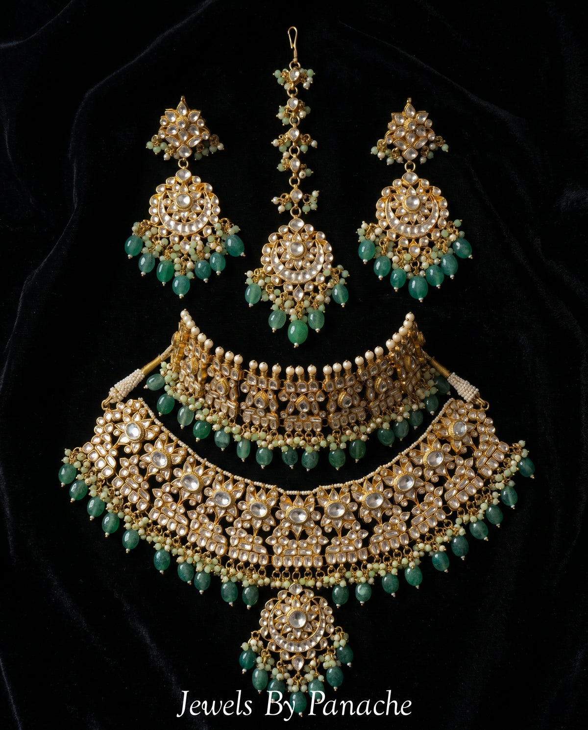 Gayatri Paachi Kundan Bridal Necklace Set with Green Beadsbridal jewellery Australia