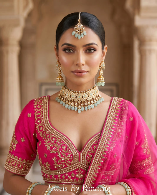 Jhanvi Paachi Kundan bridal necklace set with aqua blue semi-precious stones for Indian wedding jewellery Sydney
