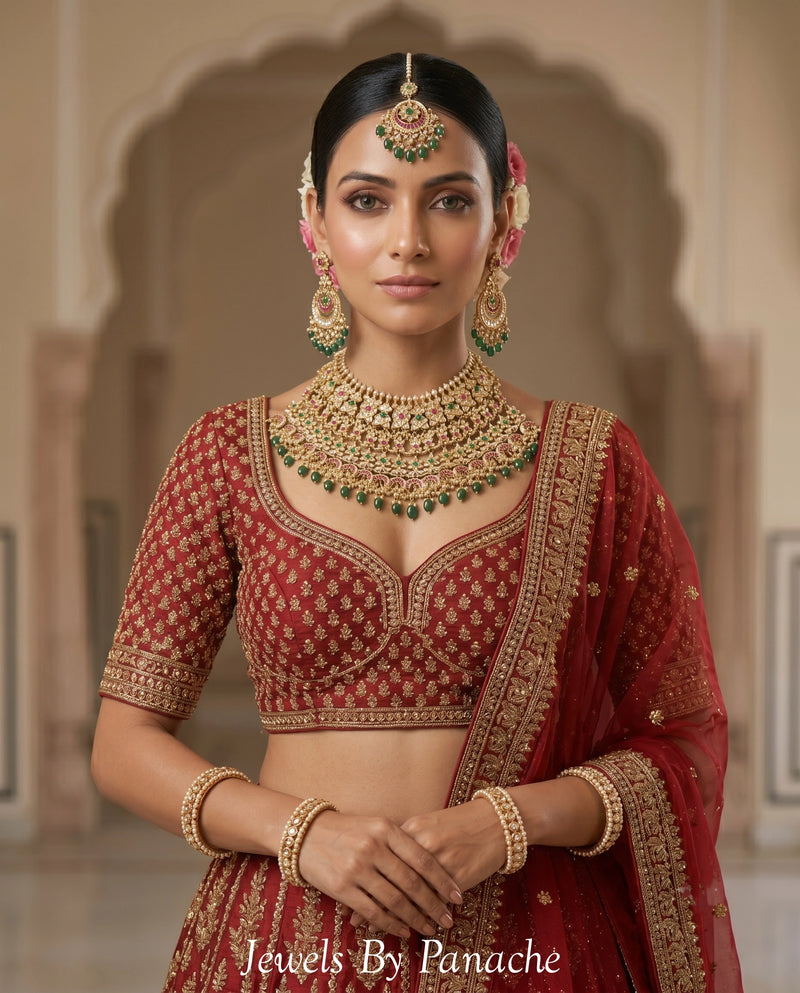 Jodha Bridal Necklace Set – Jadau Paachi Kundan with Pink & Green Stones