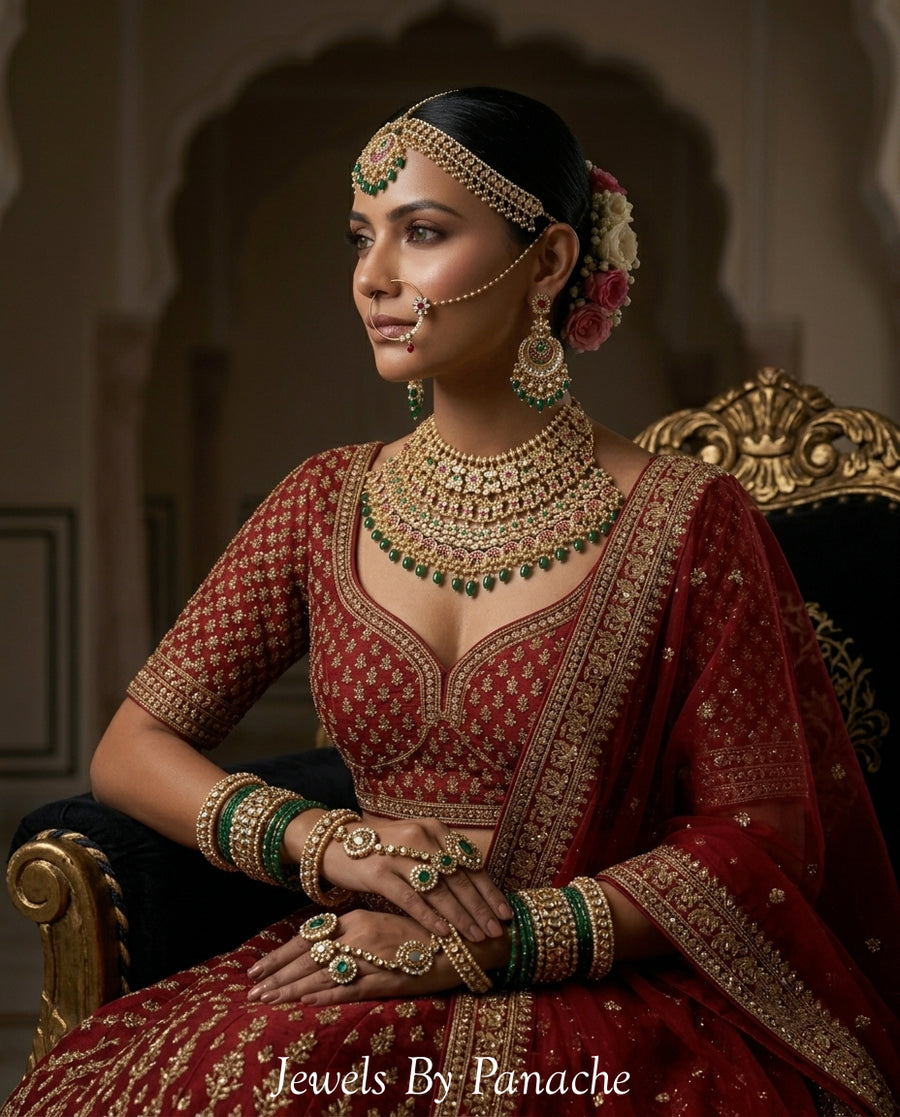 Jodha Bridal Necklace Set – Jadau Paachi Kundan with Pink & Green Stones styling inspiration