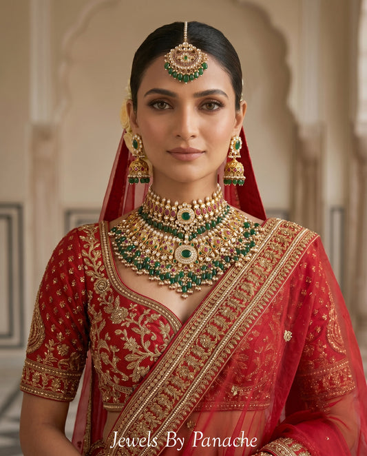 Mira Jadau Kundan bridal choker and necklace set with emerald green semi-precious stone hangings for Indian wedding jewellery Sydney