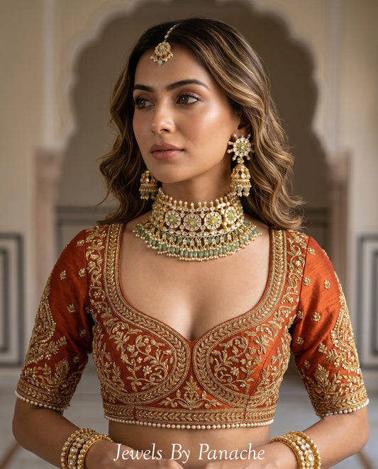 Noor Paachi Kundan bridal choker necklace set with mint green beads for Indian wedding jewellery Australia