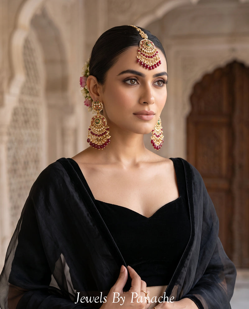 Paachi Kundan Maangtikka & Earrings Set with Maroon Stones