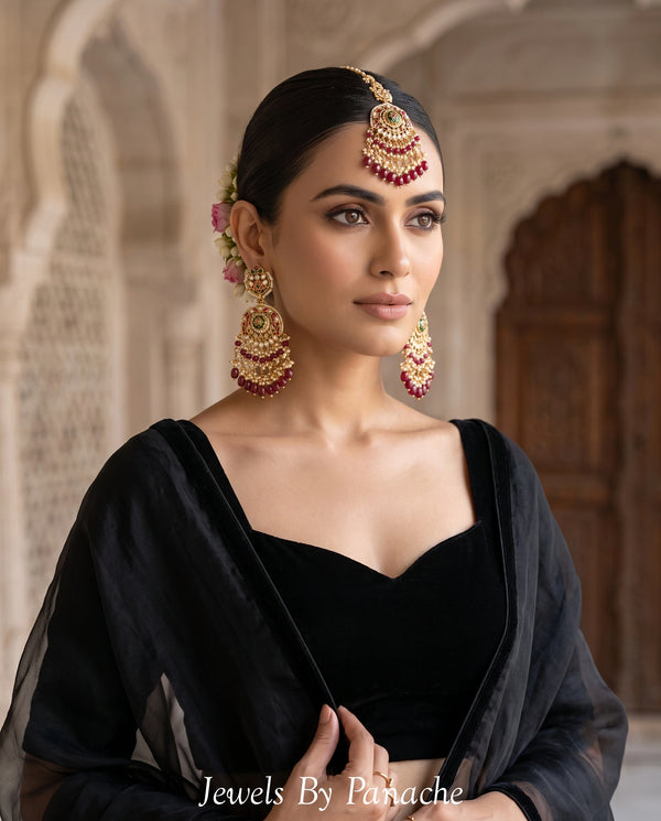 Paachi Kundan Maangtikka & Earrings Set with Maroon Stones