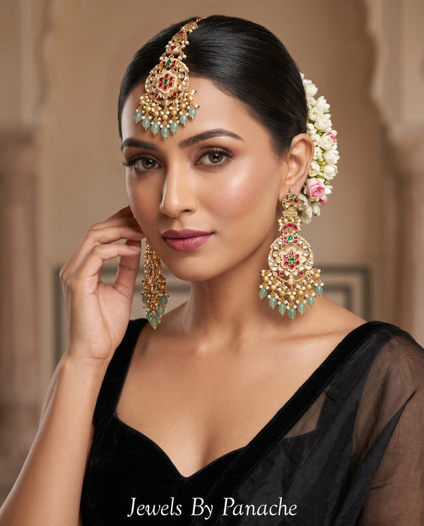 Paachi Kundan Maangtikka & Earrings Set with Mint Green Beads