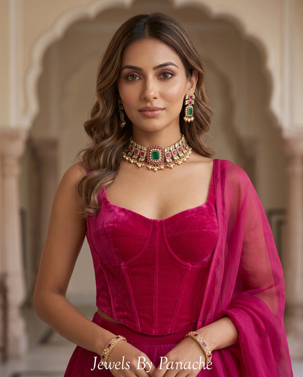 Ragini Contemporary Necklace Set with Magenta Stones