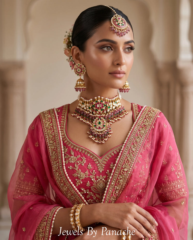 Rahmat Paachi Kundan Necklace Set with Red & Green Stones