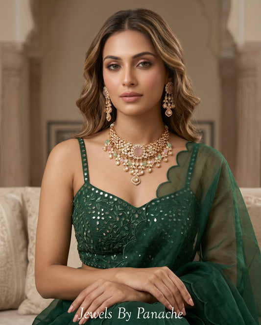 Rose moissanite-inspired necklace set with rose gold polish and pink aqua beads for Indian wedding jewellery Sydney