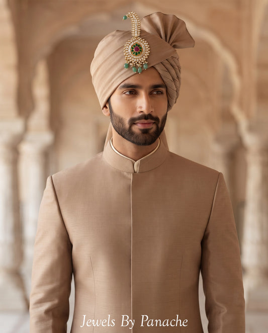 Royal Kundan Kalgi with mint green drops for groom turban wedding accessory Australia
