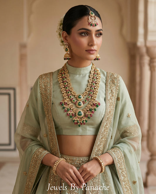 Sahiba layered Kundan bridal necklace set with ruby pink and green stones for Indian wedding jewellery Australia