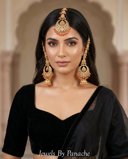 Traditional Punjabi Jadau earrings and tikka set with orange beads for Indian wedding jewellery in Sydney Australia