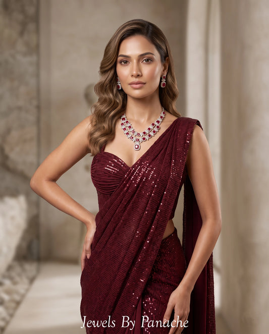 Vivienne layered American Diamond CZ bridal necklace with deep red stones for Indian wedding jewellery Sydney